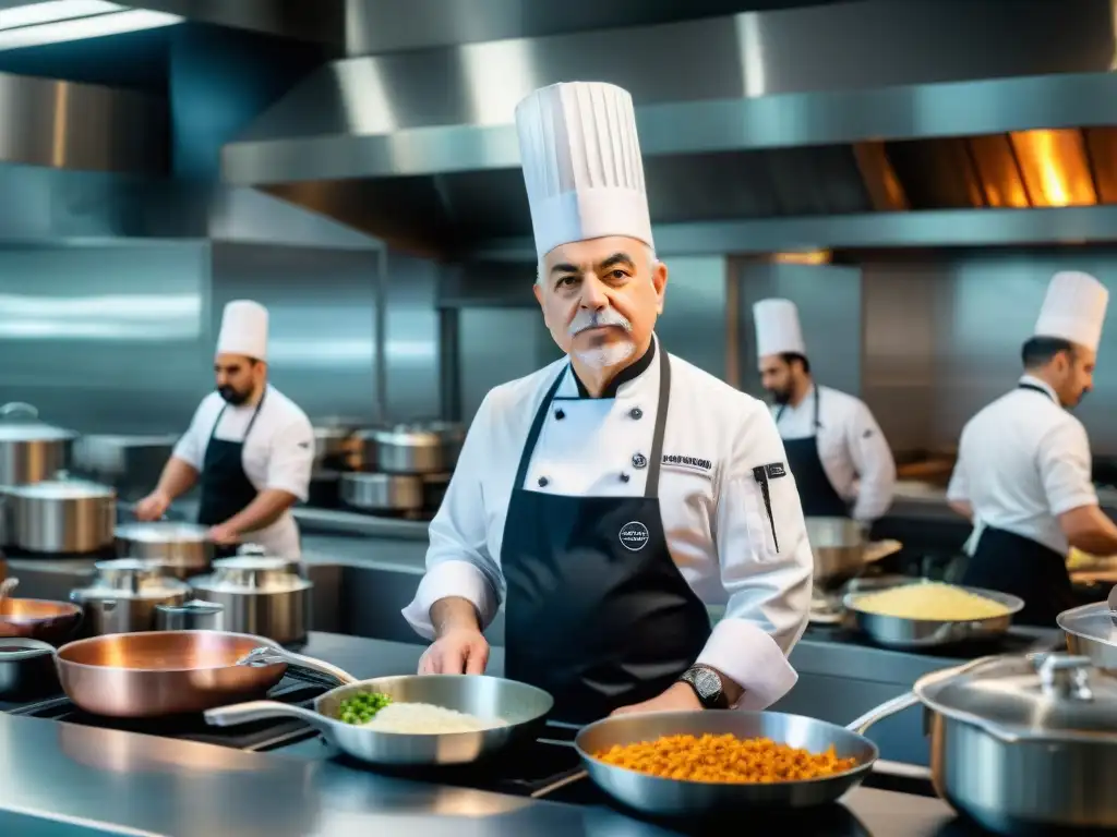 Legado culinario de Georges Auguste Escoffier: Chef en su cocina, supervisando con autoridad y expertise, rodeado de equipo laborioso