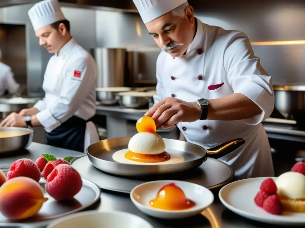 Legado culinario de Georges Auguste Escoffier: el chef crea su famoso postre Peach Melba en la cocina del Ritz Hotel de París