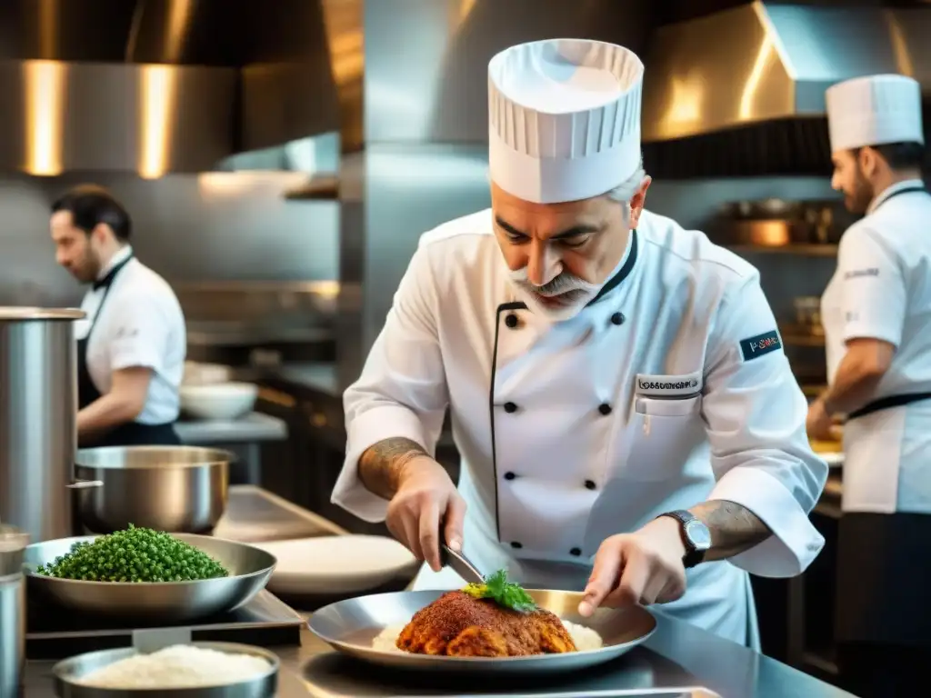 Legado culinario Georges Auguste Escoffier: Chef francés creando plato clásico en cocina elegante y sofisticada