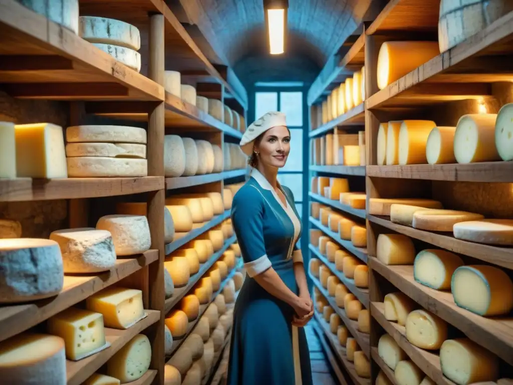 Legado cultural del queso francés: bodega de Roquefort envejeciendo quesos en estantes de madera