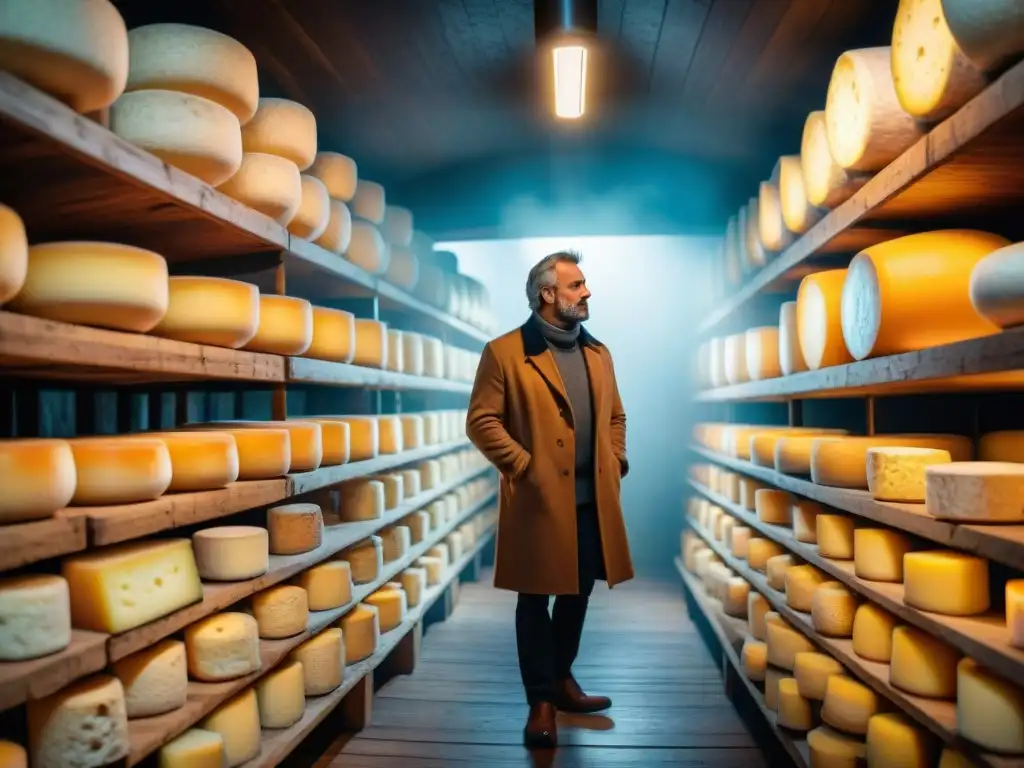 Un legado cultural: Quesos franceses en una bodega, con luz suave y un quesero inspeccionando una rueda de queso