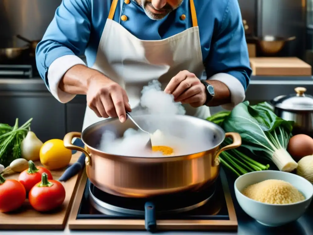 Legado gastronomía francesa Bernard Loiseau: Chef creando plato delicado en bulliciosa cocina francesa