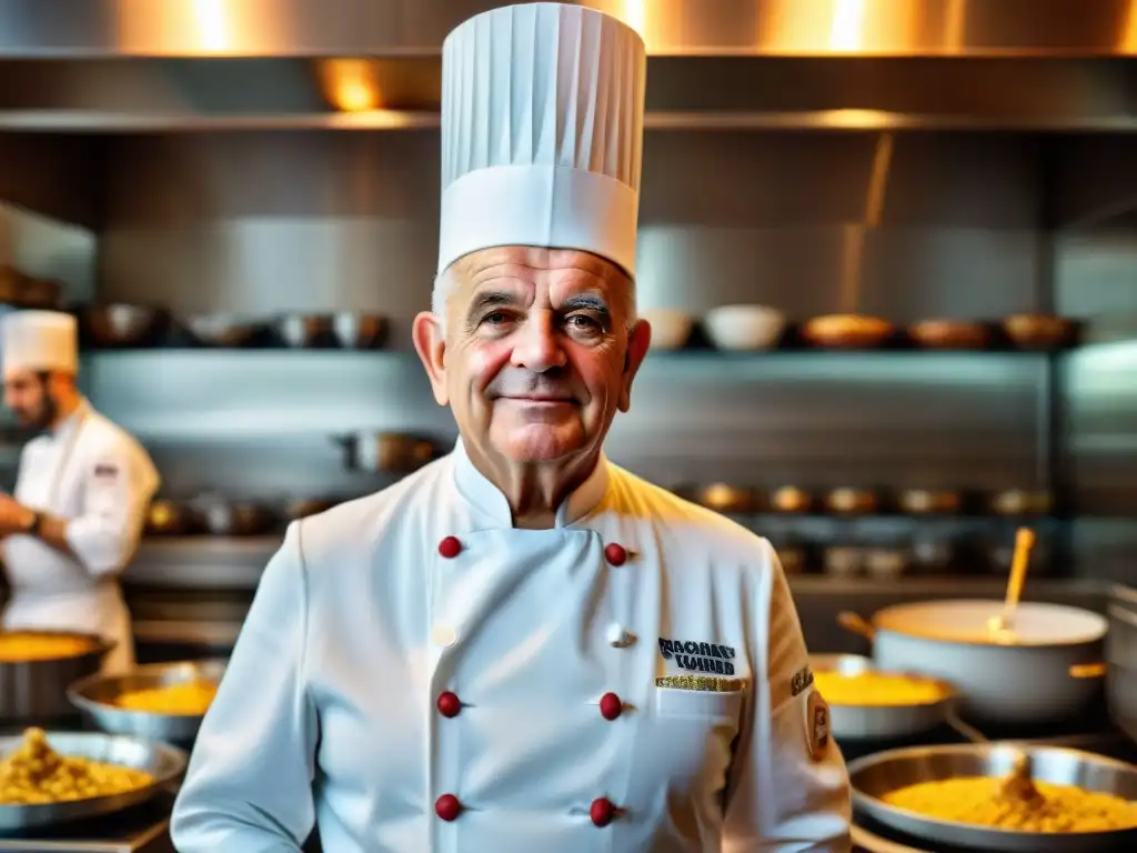 El legendario chef francés Paul Bocuse en su cocina francesa, rodeado de acero inoxidable y utensilios relucientes