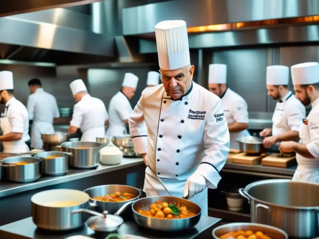 El legendario chef francés Paul Bocuse preparando bouillabaisse en su cocina, rodeado de su equipo y mostrando su legado en la Nouvelle Cuisine