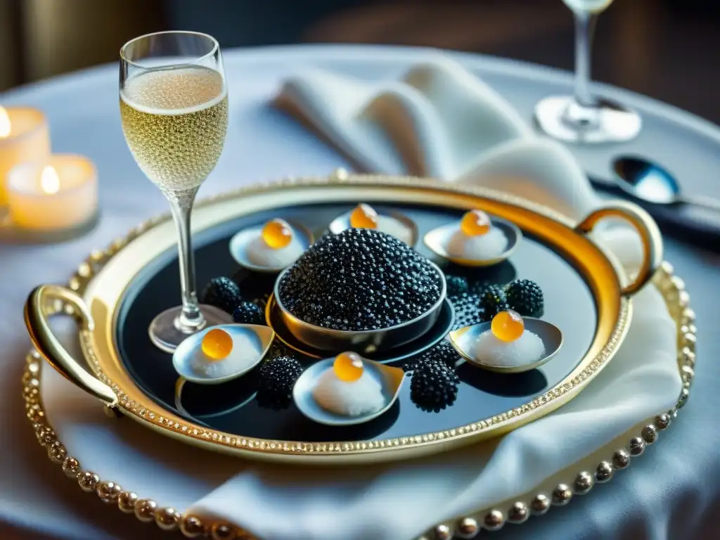 Una lujosa bandeja de plata con copas de champán y cucharas de nácar sobre hielo triturado, ambientado en un elegante escenario francés