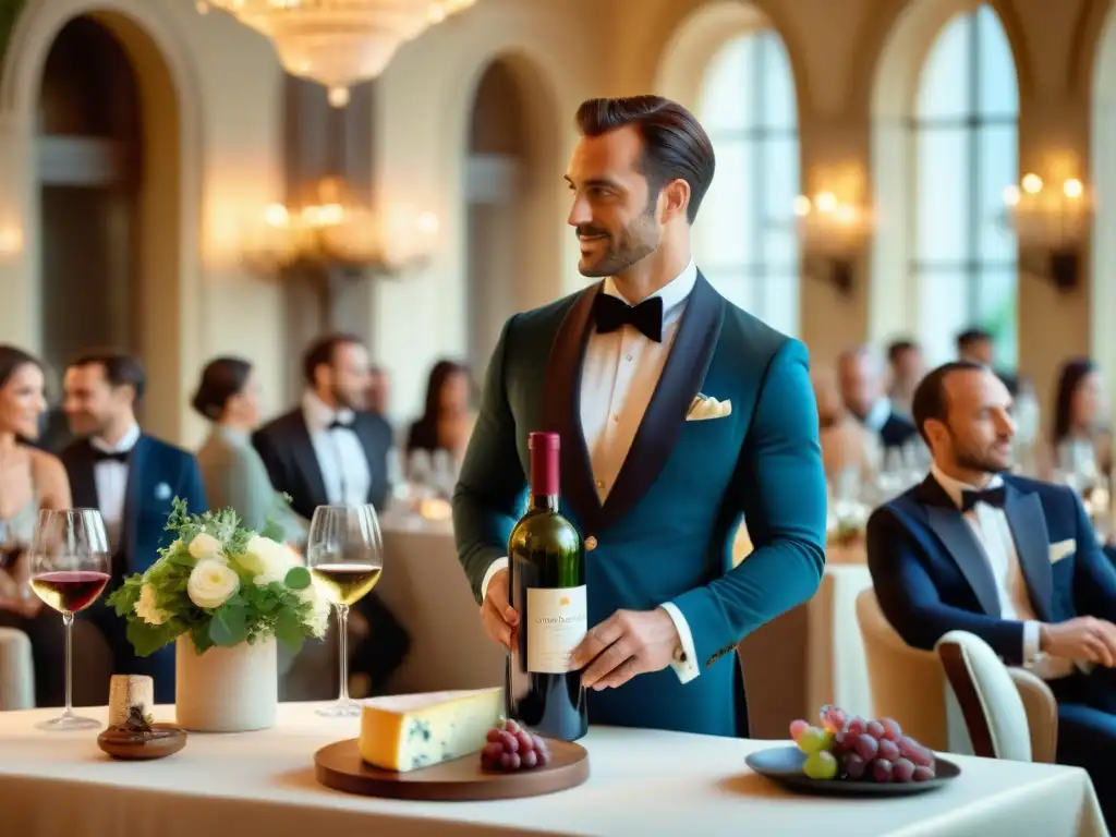 Una lujosa cata de vinos franceses en un château decorado, con elegantes invitados disfrutando de delicadezas gastronómicas