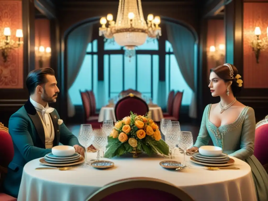 Una lujosa mesa de comedor ambientada en la época de la Belle Époque, con exquisita gastronomía francesa, como en el cine de la época