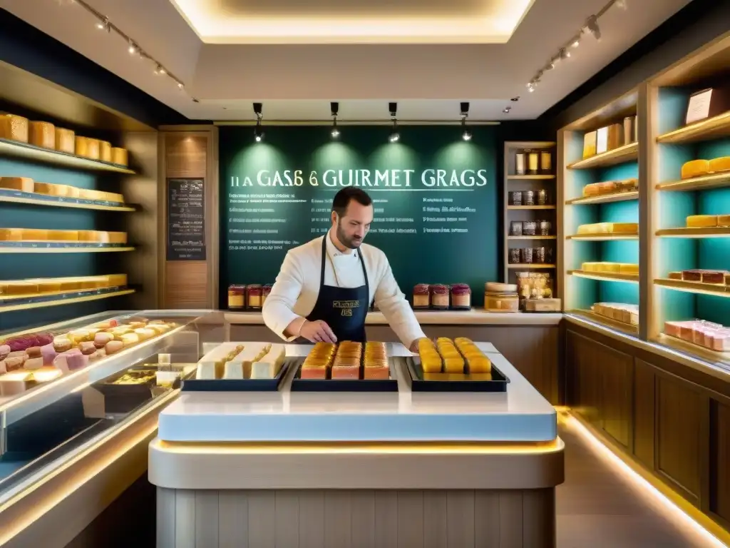 Tienda gourmet en París: Experiencia exclusiva de foie gras Una lujosa tienda especializada en foie gras gourmet en París, con productos exquisitos y ambiente sofisticado