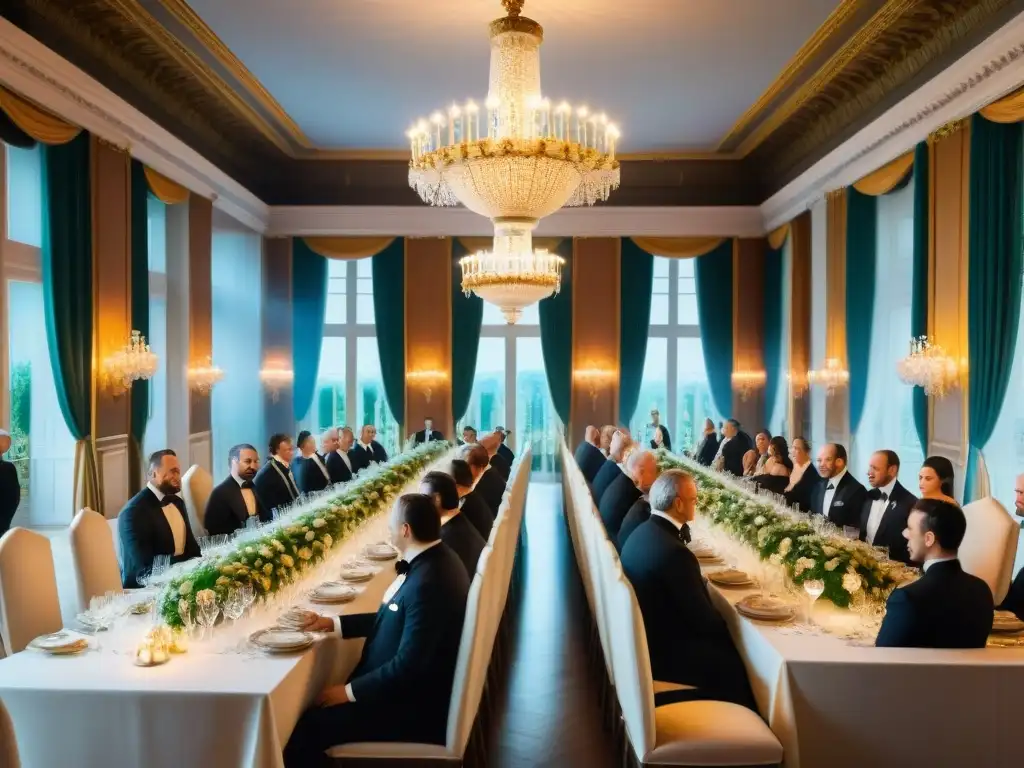 Un lujoso banquete del siglo XIX en Francia: opulentos candelabros, fina vajilla y elegantes invitados