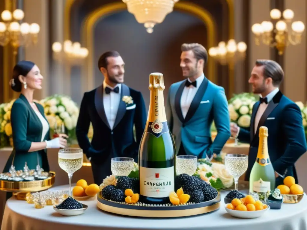 Un lujoso evento francés con champán y caviar, elegancia y opulencia en un elegante salón de baile