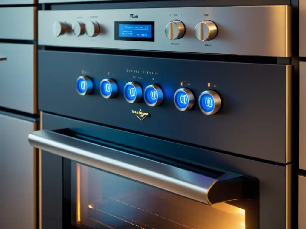 El lujoso panel de control digital de un horno francés de alta gama, iluminado con elegancia