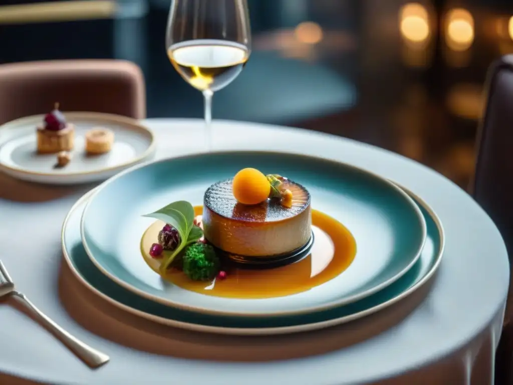 Un lujoso restaurante francés con foie gras y vino, ideal para degustar en lugares exclusivos de Francia