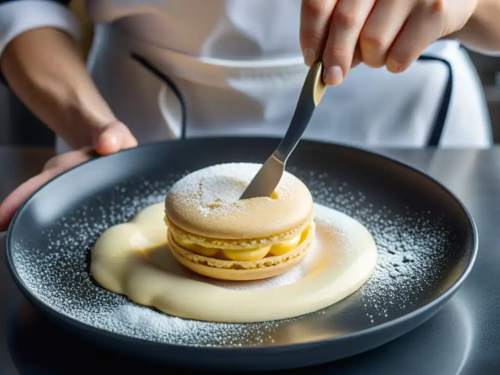 Preparar macarons: el delicado arte de plegar la masa con perfección, en una cocina parisina iluminada suavemente