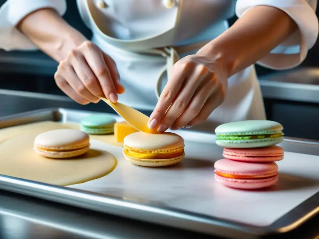 Preparar macarons con técnicas profesionales: Chef experto decorando meticulosamente la masa de macarons en una bandeja de horno