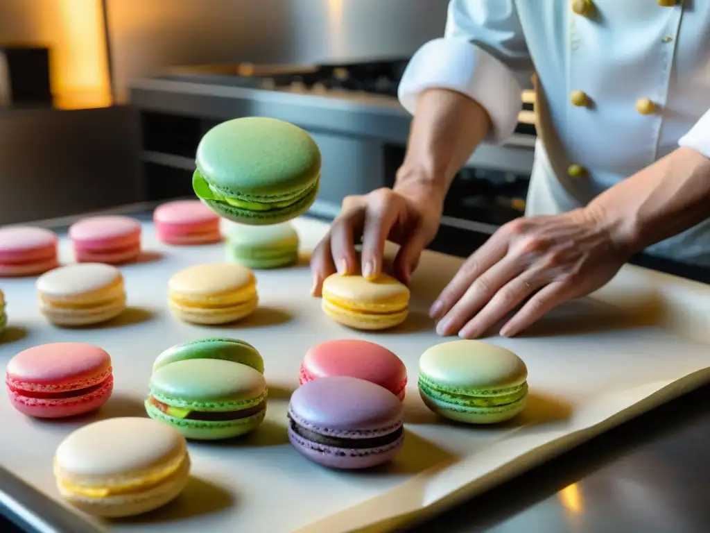 Preparar macarons técnicas profesionales: Chef experto decorando con precisión los macarons en una cocina bulliciosa