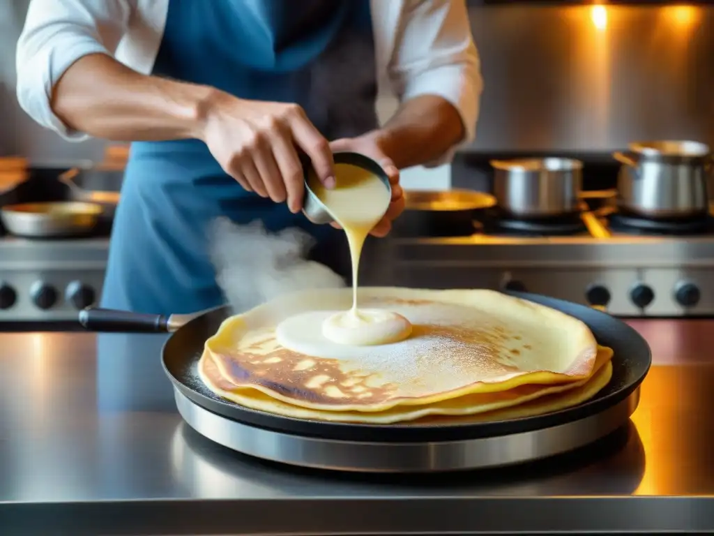 Maestro crepero francés: arte en la sartén Maestría francesa: crepera para auténticas crepes francesas en cocina rústica con sartenes de cobre y utensilios de madera
