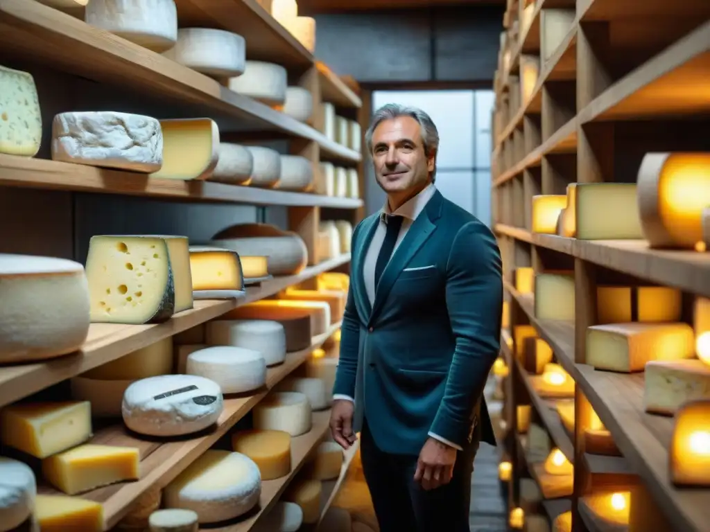 Un maestro afinador francés madura quesos artesanales en una bodega, destacando el arte de madurar queso francés