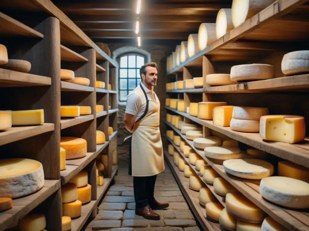 Un maestro afinador de queso inspecciona ruedas de queso Lavort en una bodega francesa