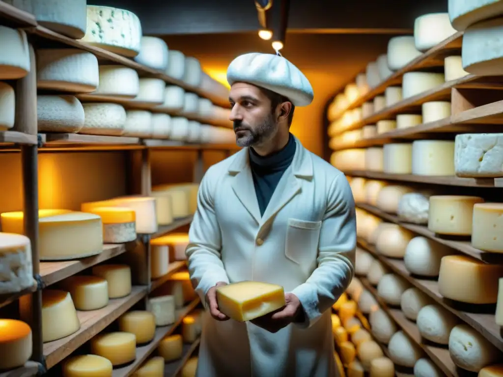 Un maestro afinador de quesos franceses inspecciona con precisión ruedas de queso en una bodega iluminada, destacando la perfección gastronómica