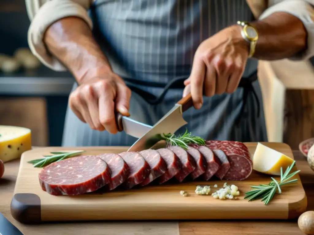 Un maestro artesano corta con destreza un saucisson sec en una escena de charcutería de Ródano-Alpes