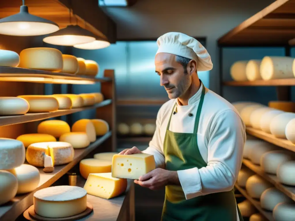 Un maestro artesano quesero francés en su fromagerie, creando quesos con técnicas tradicionales