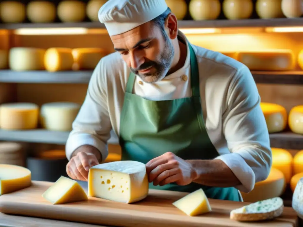 Un maestro artesano elaborando Queso francés Picodon artesanal en un taller campestre encantador