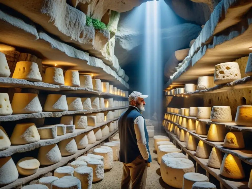 Un maestro artesano cuida las ruedas de queso Roquefort en las antiguas cuevas de Francia, destacando la artesanía centenaria y el ambiente único