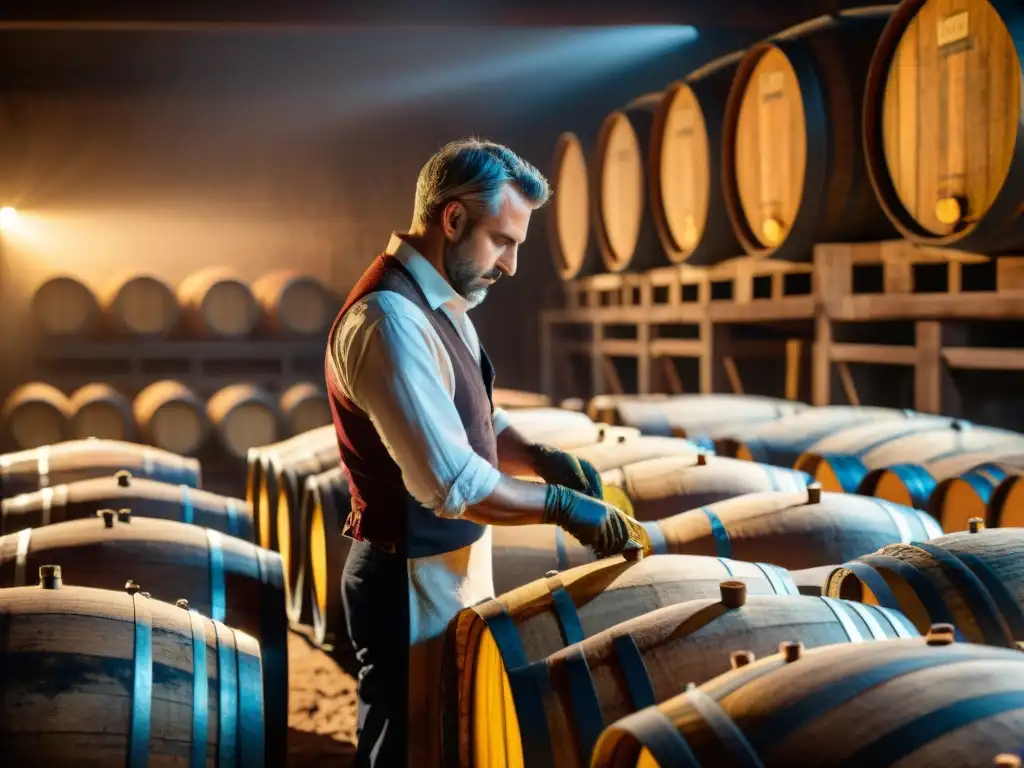 Un maestro vinícola francés inspecciona barricas de Vin Jaune en bodega centenaria: un momento crucial en la gastronomía francesa