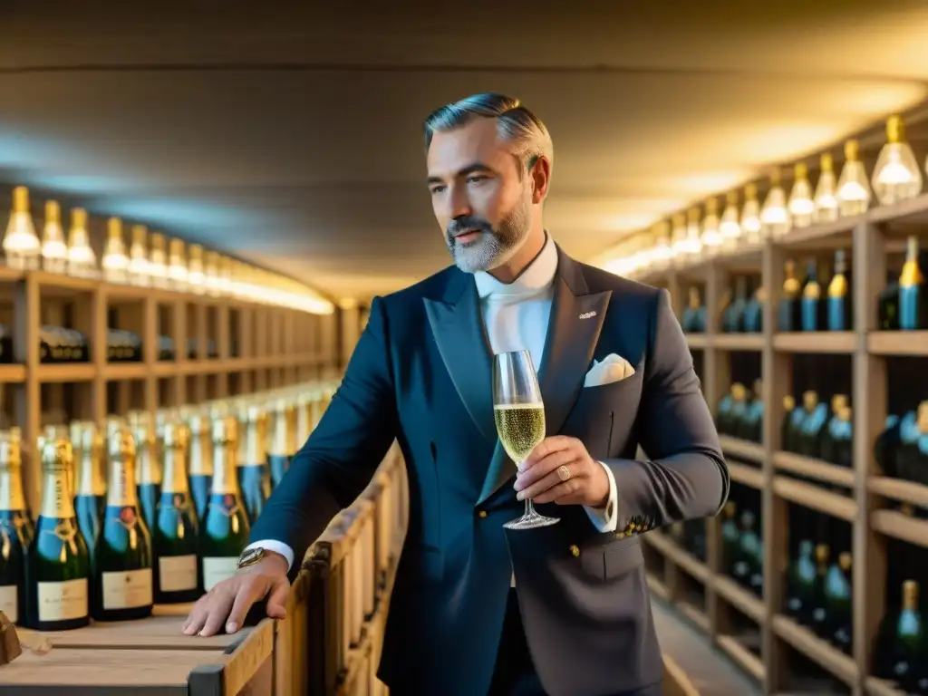 El maestro bodeguero experto realizando el degüelle en una prestigiosa casa de Champagne en Francia