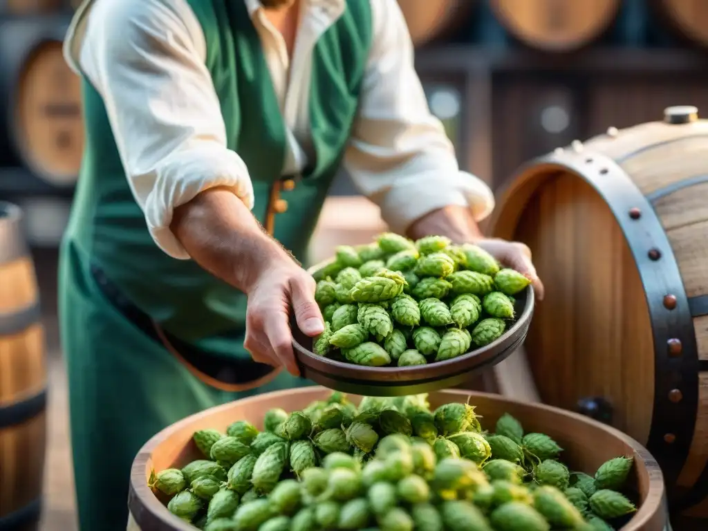 Un maestro cervecero francés seleccionando lúpulos en una cervecería campestre, resaltando la cultura cervecera en Francia