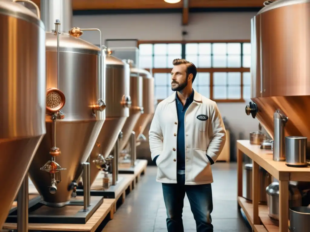 Un maestro cervecero monitorea la fermentación en una cervecería francesa, rodeado de barriles y equipos de cobre