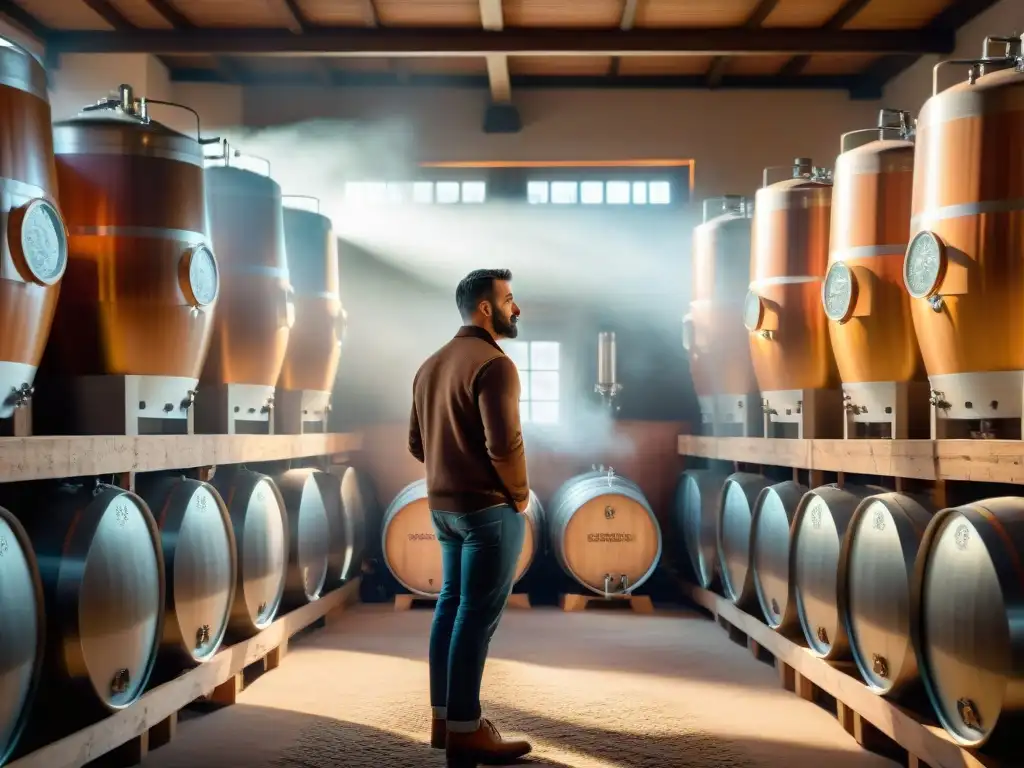 Un maestro cervecero en una cervecería tradicional de Borgoña inspecciona con meticulosidad una partida de cerveza artesanal