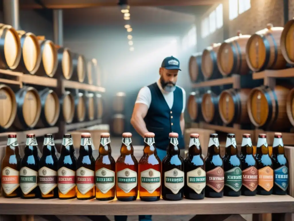 Un maestro cervecero francés vierte cerveza sin alcohol artesanal en botellas elegantes, destacando la dedicación y artesanía en Francia