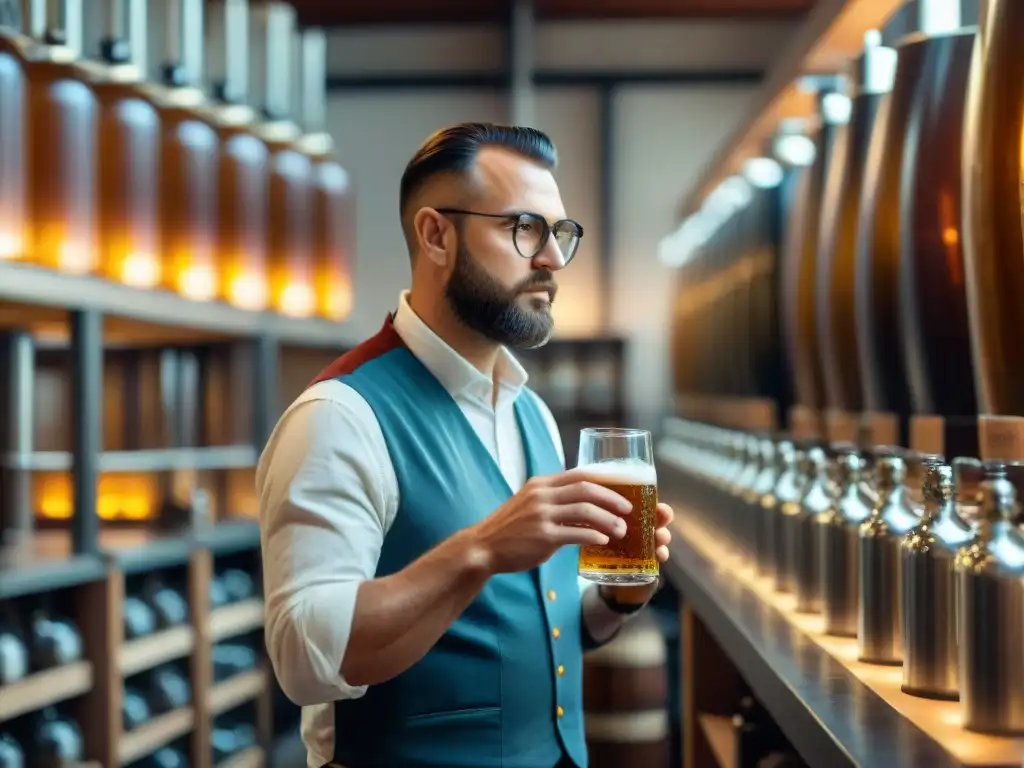 Un maestro cervecero inspecciona una cerveza artesanal francesa, destacando burbujas y tonos ámbar, en una cervecería tradicional francesa