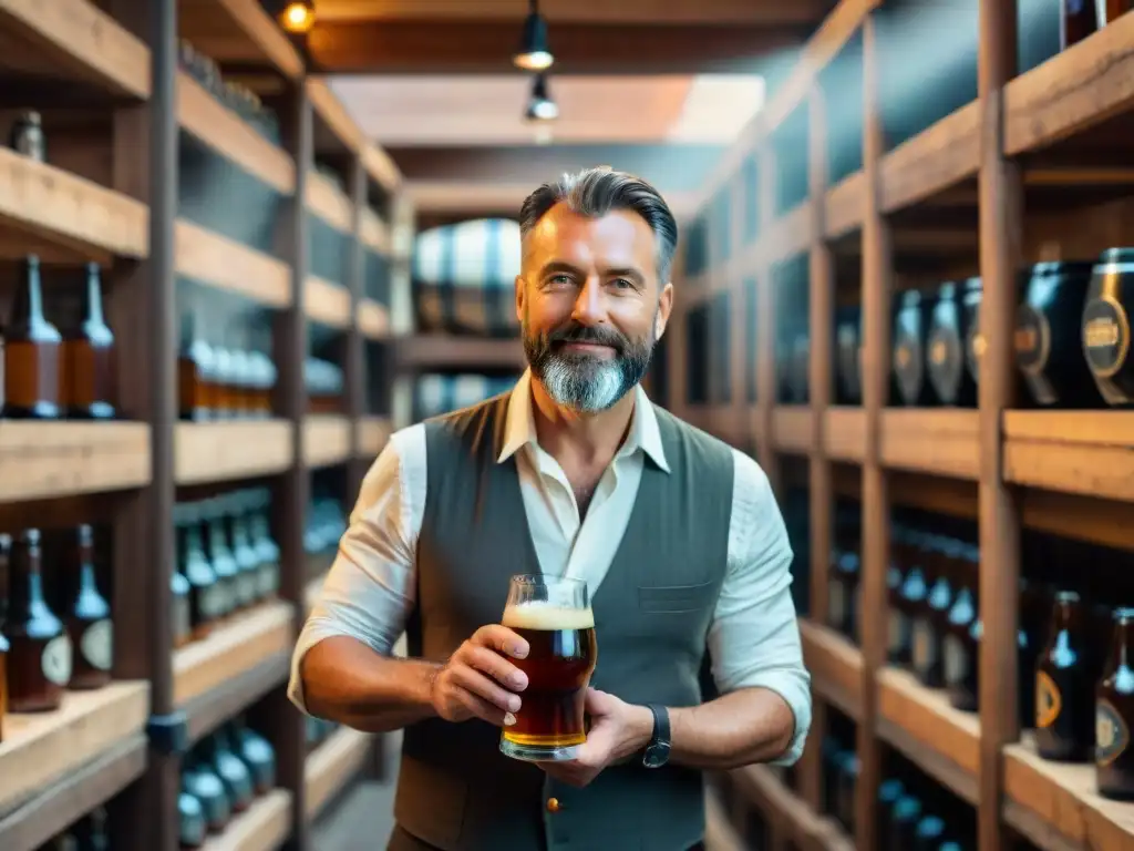 Un maestro cervecero examina detenidamente una cerveza artesanal en una tradicional cervecería en Borgoña Ródano, mostrando intensidad y pasión