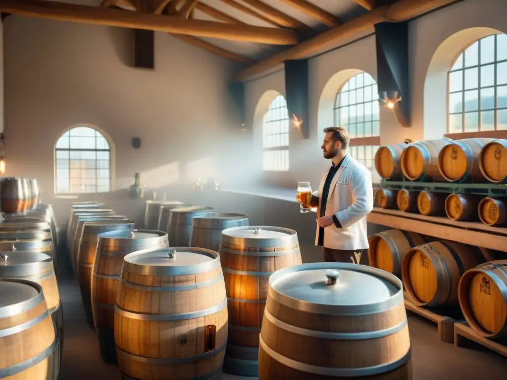 Un maestro cervecero inspecciona cervezas artesanales francesas en barriles de madera en una antigua cervecería rústica