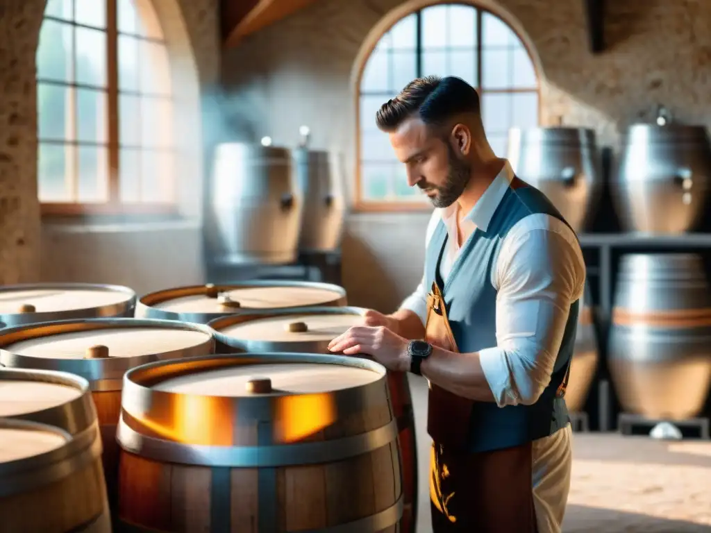 Un maestro cervecero inspecciona cervezas artesanales francesas más populares en una cervecería rústica