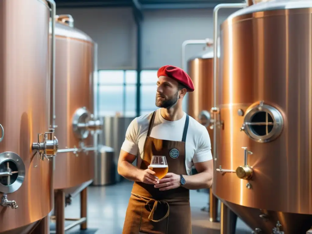 Un maestro cervecero inspecciona cervezas artesanales francesas en microcervecería rústica