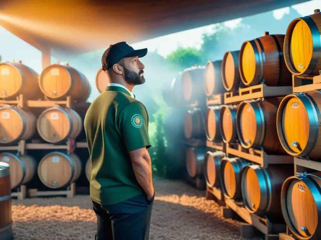 Un maestro cervecero inspecciona cervezas artesanales francesas únicas secretos en bodega tradicional al atardecer