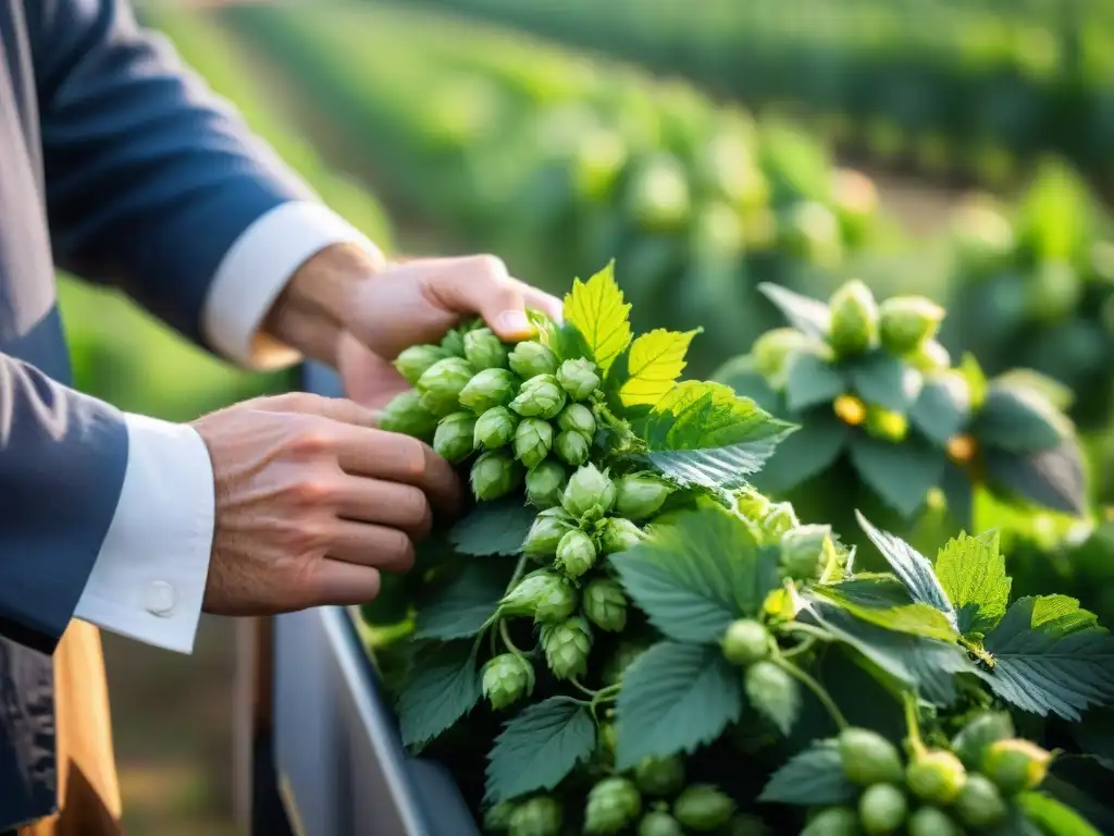 Un maestro cervecero selecciona lúpulos en un campo verde en Francia para crear cervezas artesanales francesas innovadoras