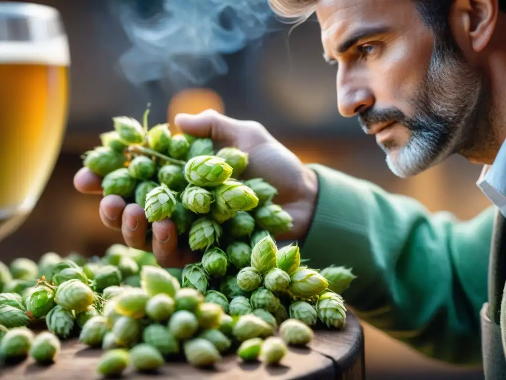 Un maestro cervecero francés inspecciona lúpulos frescos, destacando colores vibrantes y texturas intrincadas