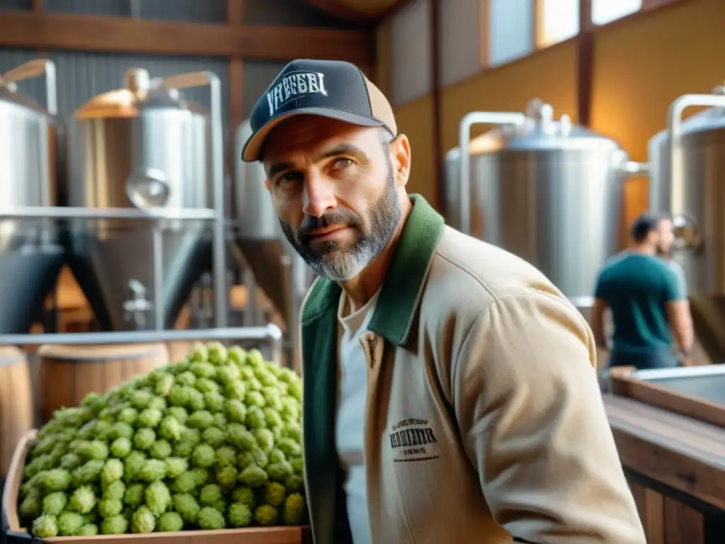 Un maestro cervecero francés examina lúpulos frescos en una microcervecería tradicional, reflejando la dedicación a las microcervecerías francesas innovadoras y tradicionales