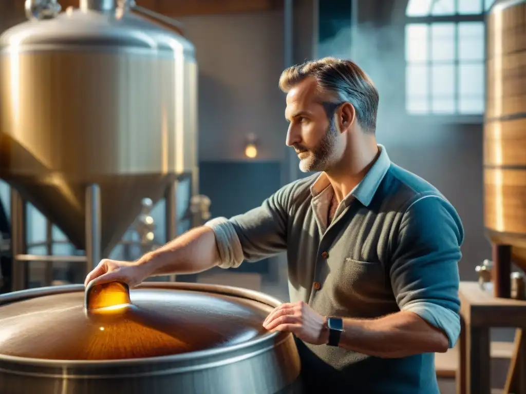 Un maestro cervecero inspecciona con maestría el proceso de fermentación de cervezas artesanales francesas innovadoras