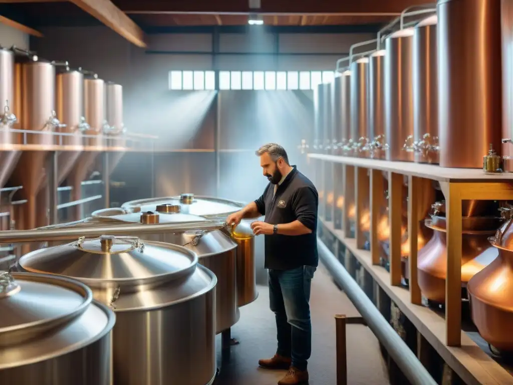 Un maestro cervecero vierte lúpulo en un tanque de cerveza, rodeado de ingredientes en una cervecería artesanal en Borgoña, Ródano