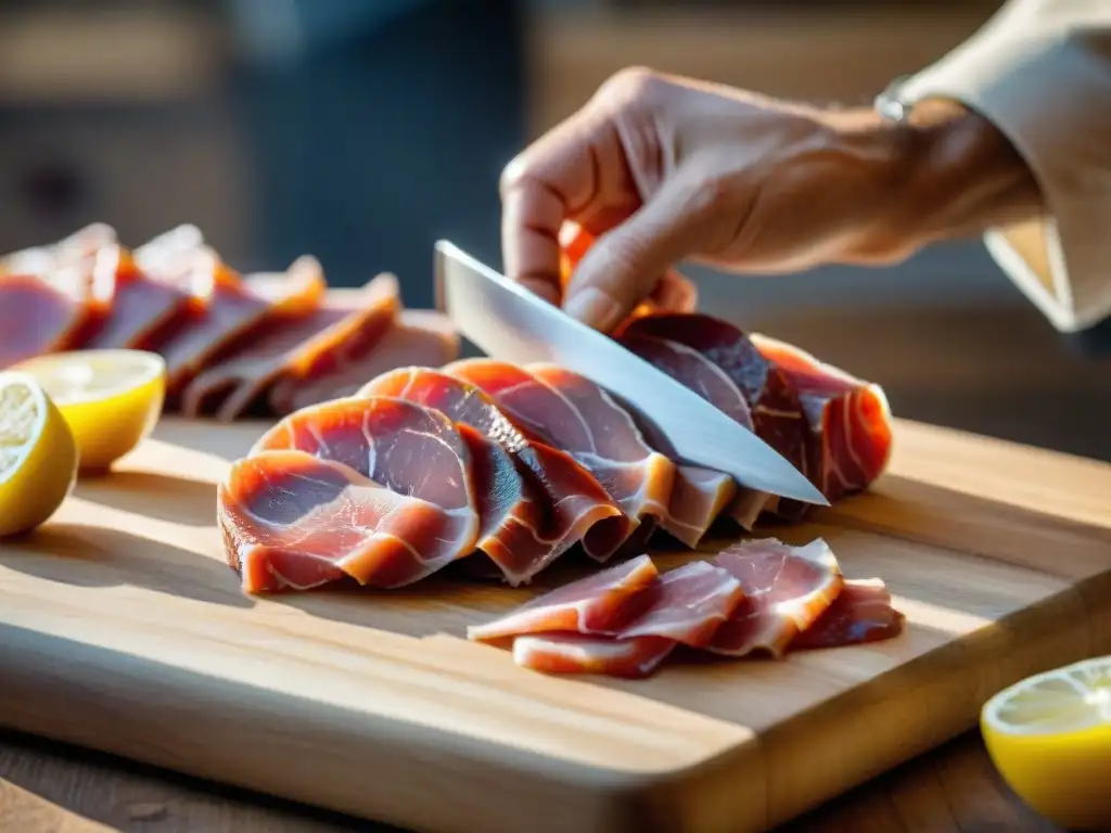 Un maestro de la charcutería francesa cortando finas lonchas de prosciutto