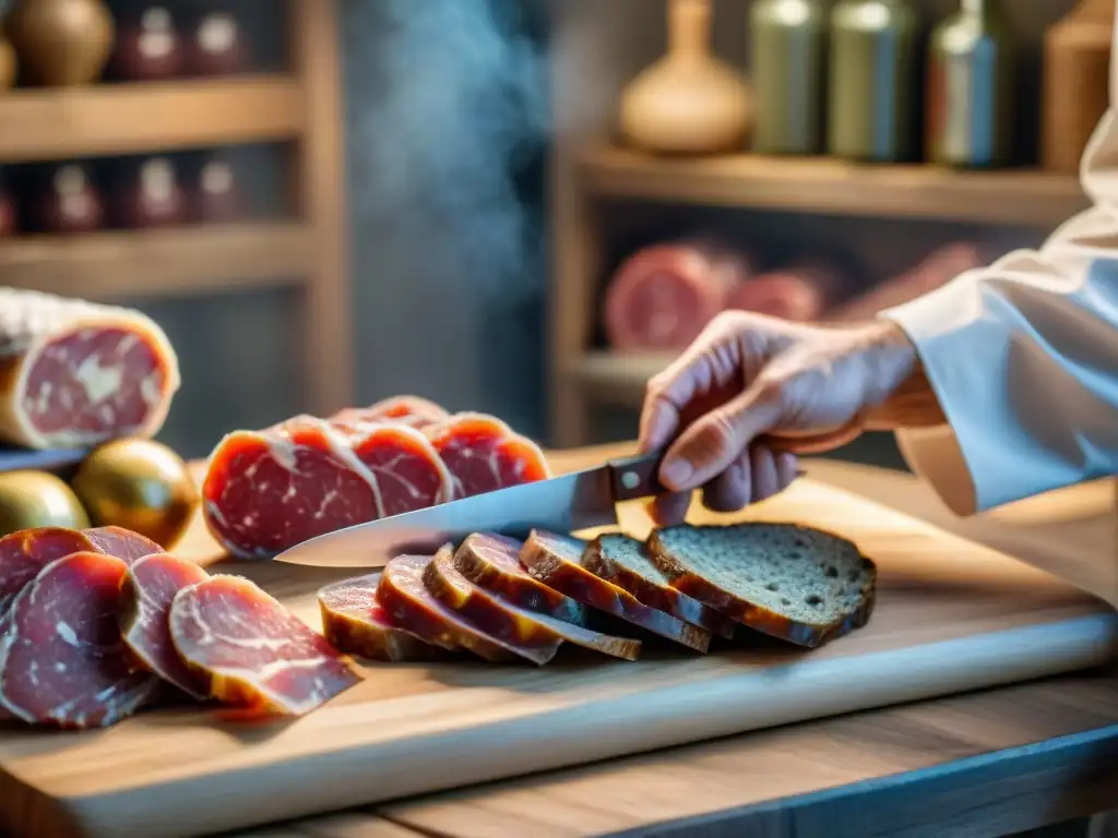 Un maestro de la charcutería en Lorena, Francia, corta delicadamente jamón, salchichón y paté