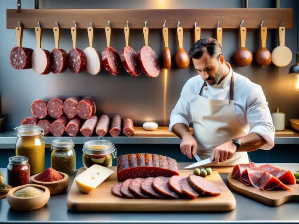 Un maestro charcutero elabora embutidos gourmet en un taller francés