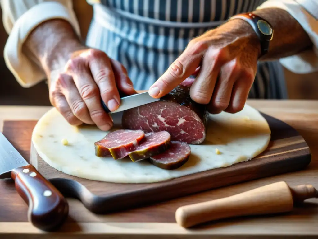 Un maestro charcutero de RódanoAlpes corta con destreza un saucisson tradicional