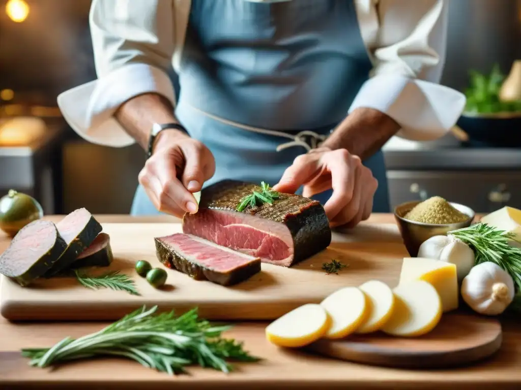 Un maestro charcutero francés prepara una terrina de campaña en una cocina rústica