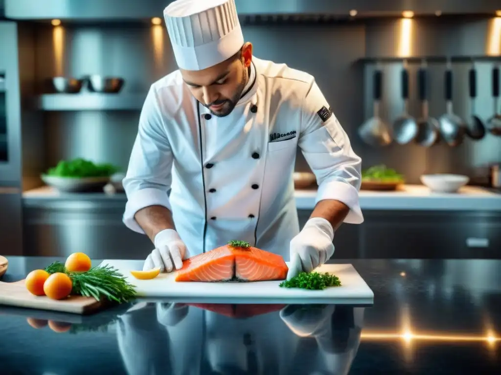 Un maestro chef francés fileteando salmón con precisión en una cocina de alta gama